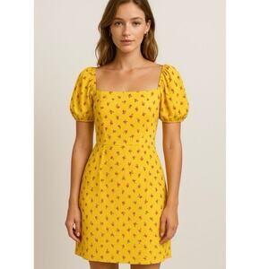Reformation Birdie Mini Dress Size 2 Yellow Gwen Floral Puff Sleeve